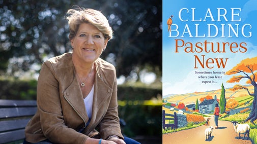 A photograph of broadcaster, author Clare Balding beside the cover of her book 'Pastures New'. She has short blond hair and is wearing a tan jacket with large lapels.. The book cover's tagline reads, 'Sometimes home is where you least expect it...' and features an illustration of a country lane with 2 sheep in the foreground, a woman in red with a dog. There is a grey stone house further down the lane and they are surrounded by pastures and trees. A male pheasant sits on the letter 'B' in the author's name.